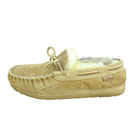 LL Bean Brown Suede Wicked Good Shearling Lined Moccasin Slippers Size 7 M - Picture 1 of 9